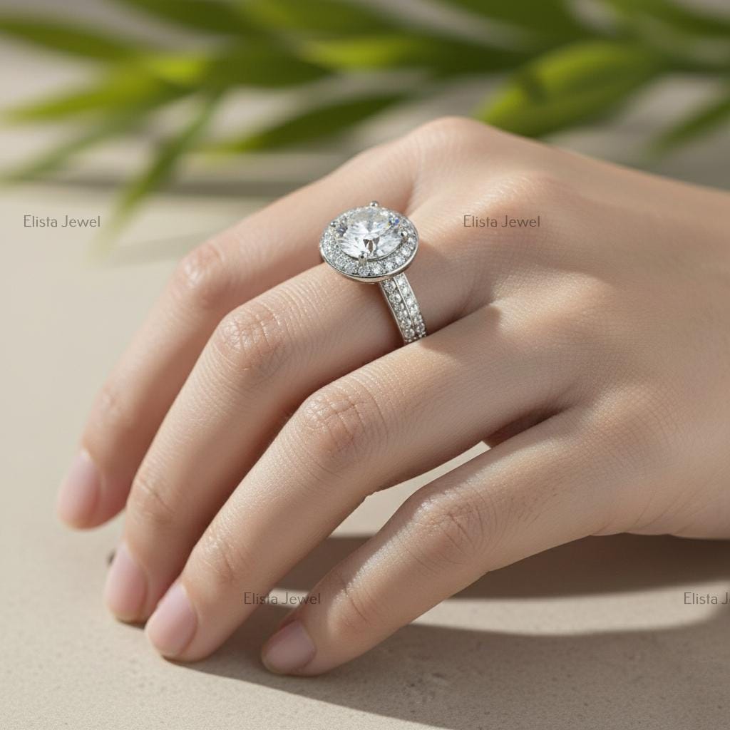 Round Lab-Grown Diamond Halo Engagement Ring, Platinum Pavé Band
