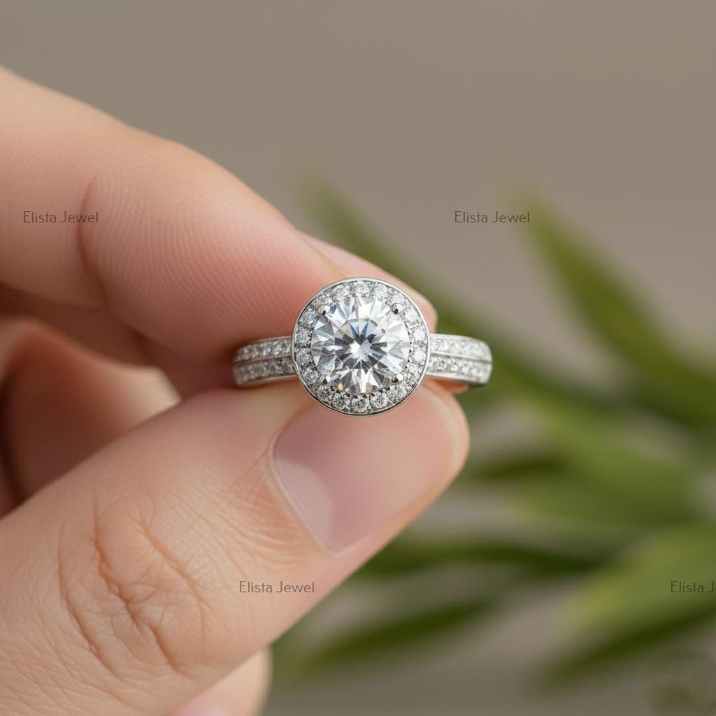 Round Lab-Grown Diamond Halo Engagement Ring, Platinum Pavé Band