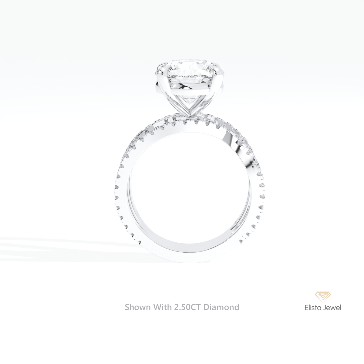 Round Solitaire Accent Crossover Lab Grown Diamond Ring in 18K White Gold - Close-up View