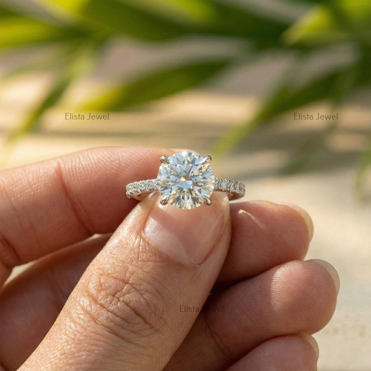 Round Solitaire Ring, IGI Certified Lab Grown Diamond 14K White Gold Micro Pave Band
