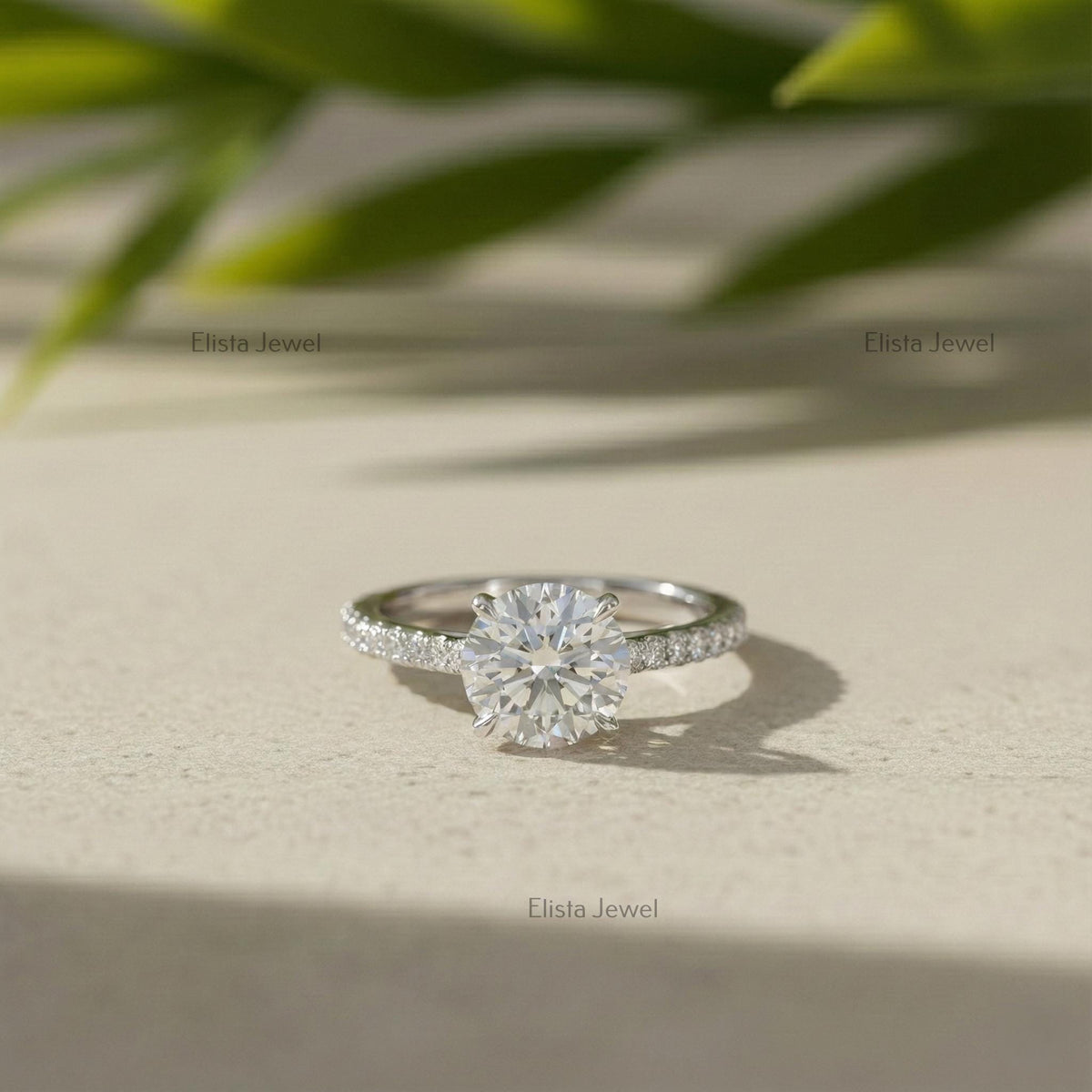 Round Solitaire Ring, IGI Certified Lab Grown Diamond 14K White Gold Micro Pave Band