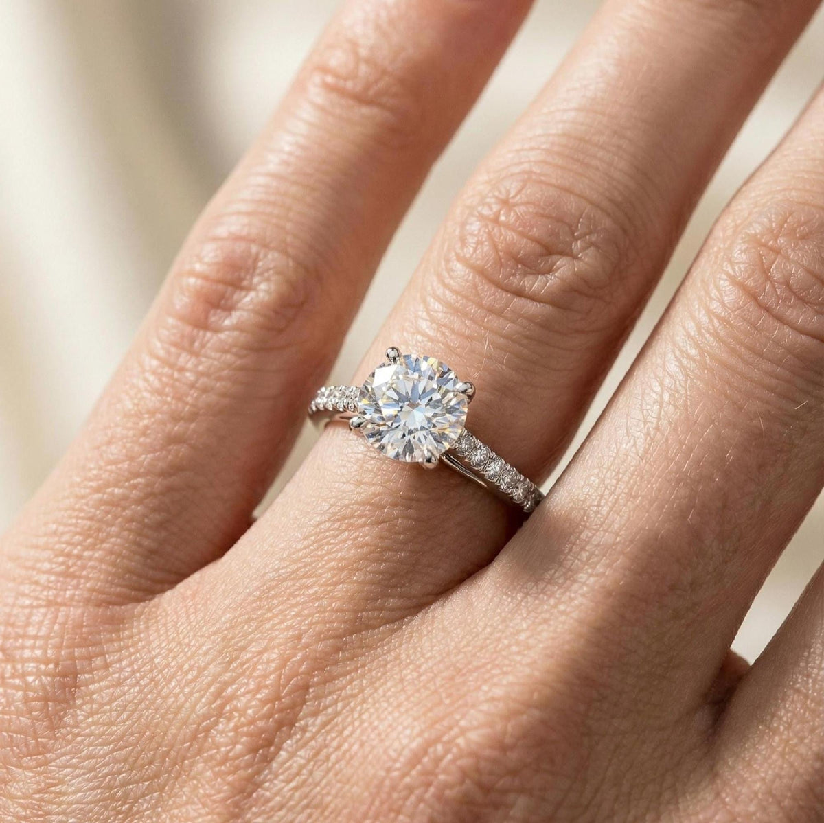 Round Solitaire Ring, IGI Certified Lab Grown Diamond 14K White Gold Micro Pave Band