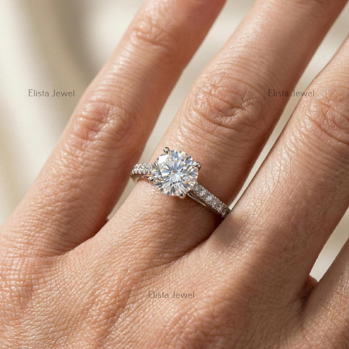 Round Solitaire Ring, IGI Certified Lab Grown Diamond 14K White Gold Micro Pave Band
