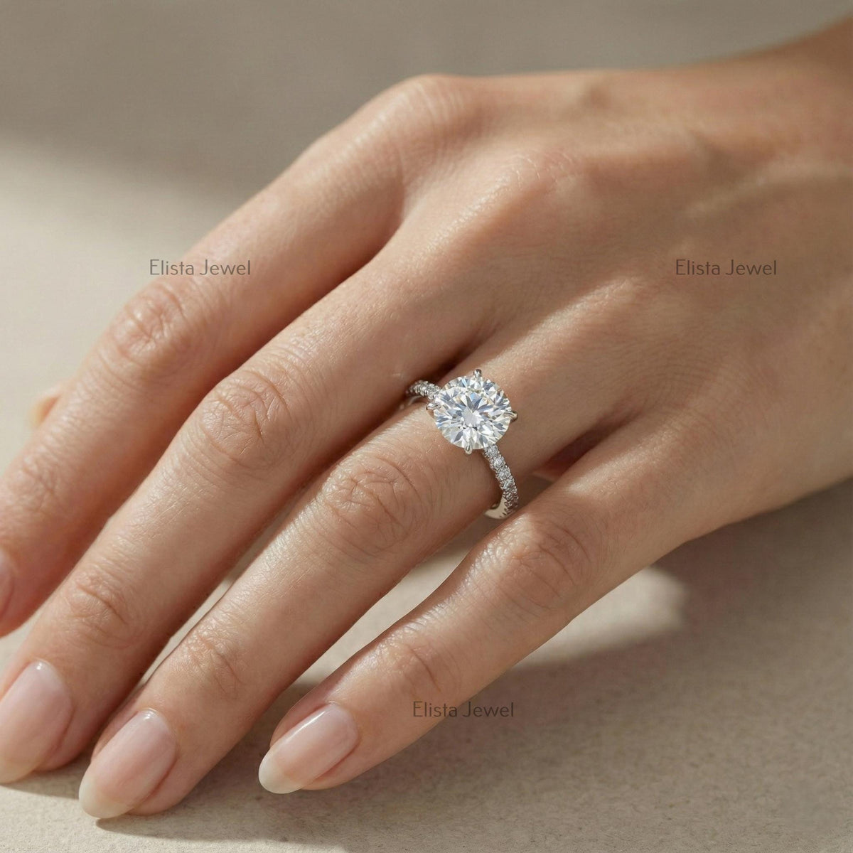 Round Solitaire Ring, IGI Certified Lab Grown Diamond 14K White Gold Micro Pave Band