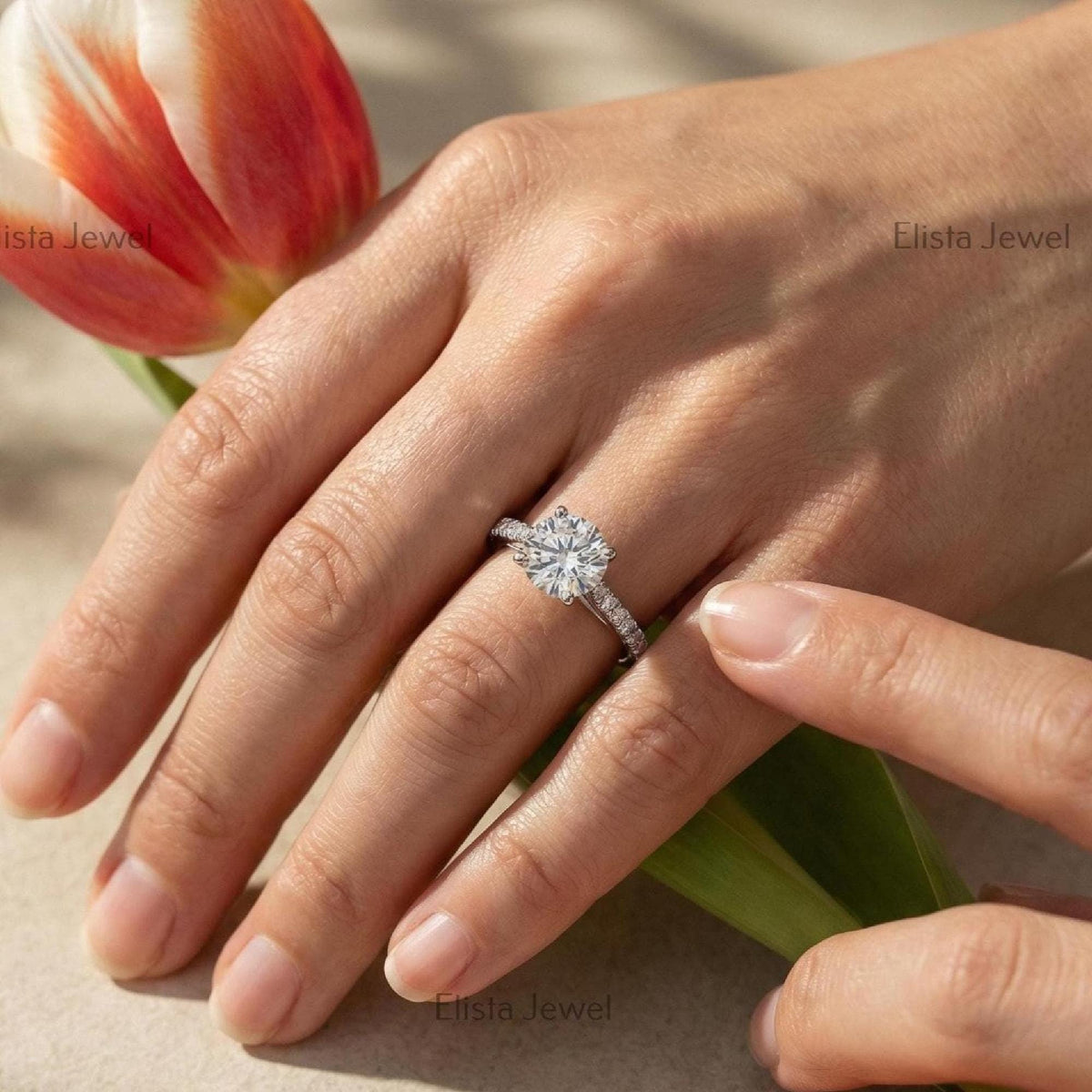 Round Solitaire Ring, IGI Certified Lab Grown Diamond 14K White Gold Micro Pave Band