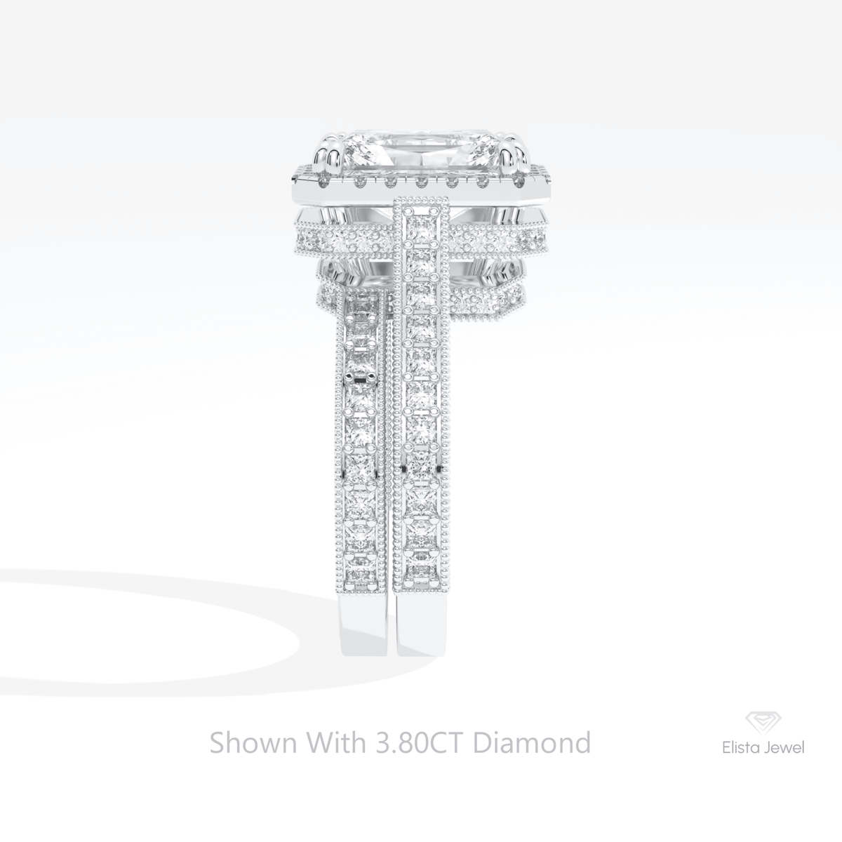 Stacking Lab Grown Diamond Band With Radiant Cut Halo Lab Grown Diamond Ring Set in 18K Yellow Gold - Perspective View