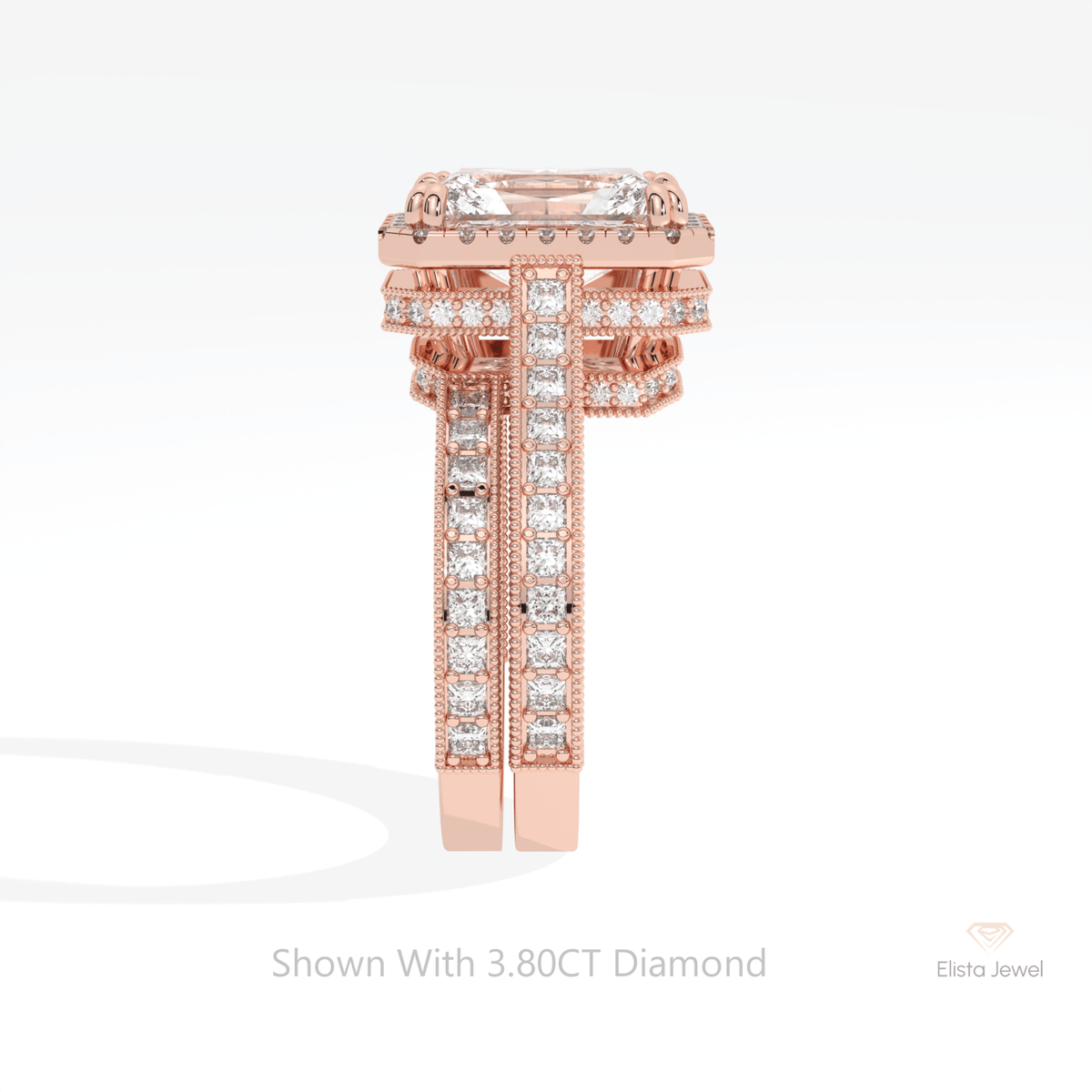 Stacking Lab Grown Diamond Band With Radiant Cut Halo Lab Grown Diamond Ring Set in 14K White Gold - Top View