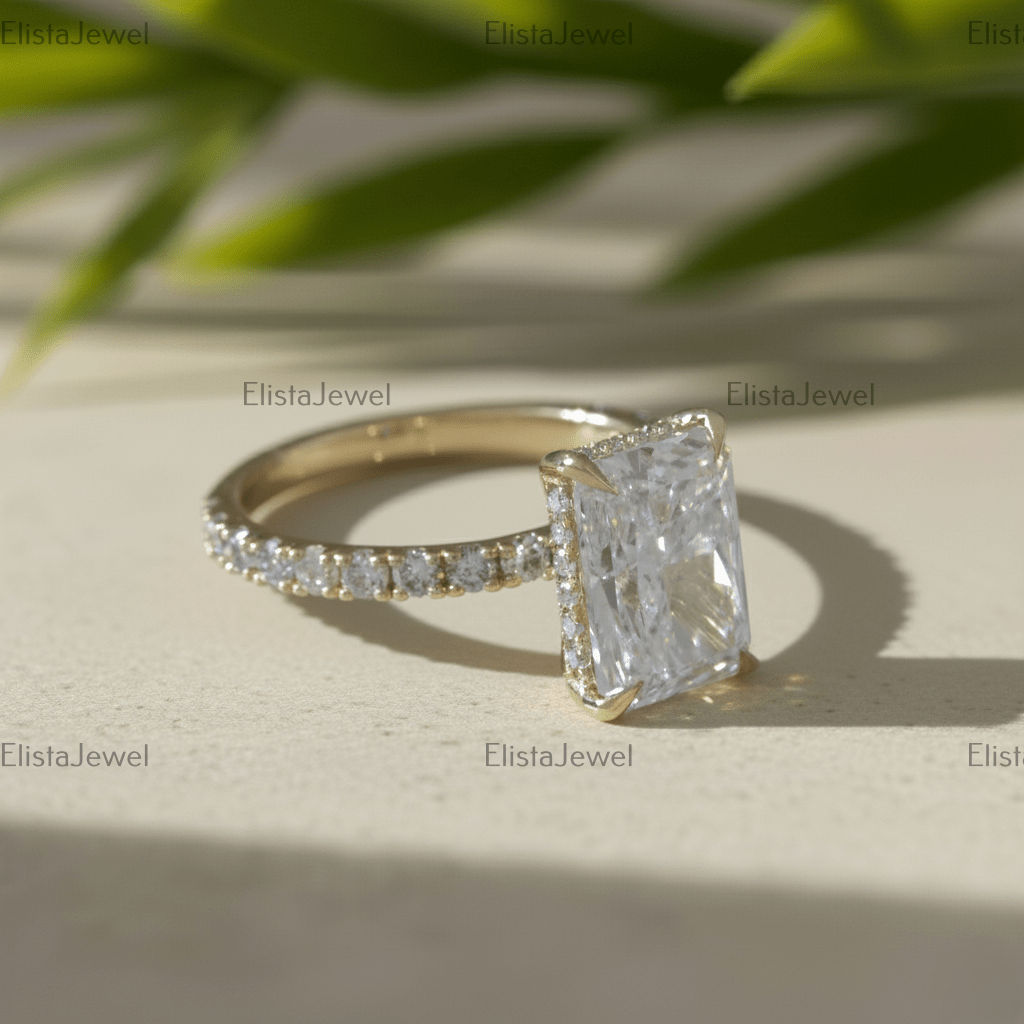 Radiant Cut Lab Grown Diamond Hidden Halo Engagement Ring In 14K Solid Yellow Gold, Certified Diamond Ring For Women...