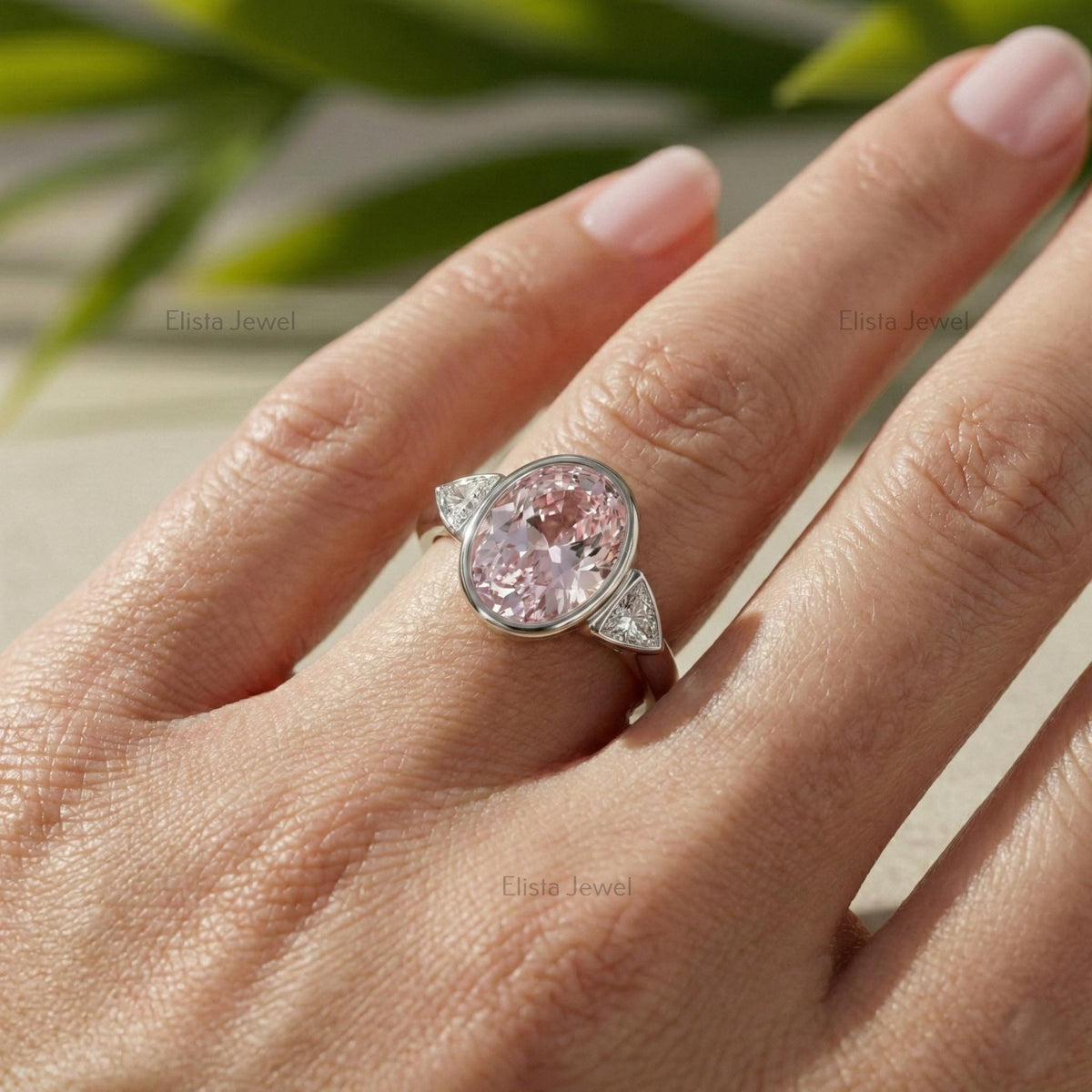 Oval Lab Grown Diamond Pink Three Stone Bezel Engagement Ring