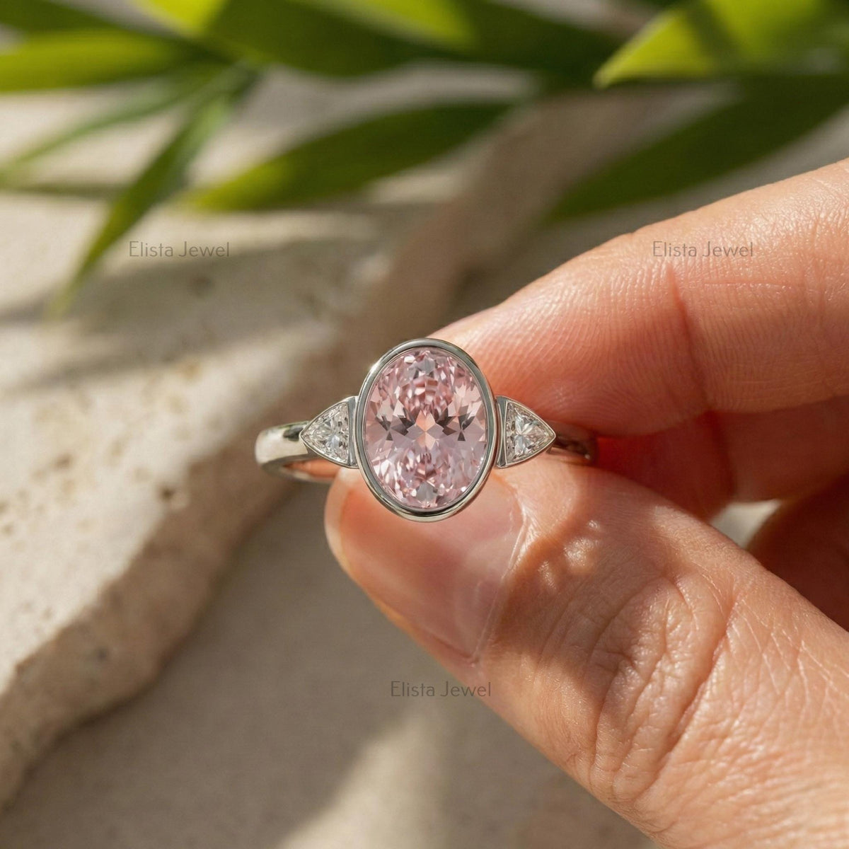 Oval Lab Grown Diamond Pink Three Stone Bezel Engagement Ring