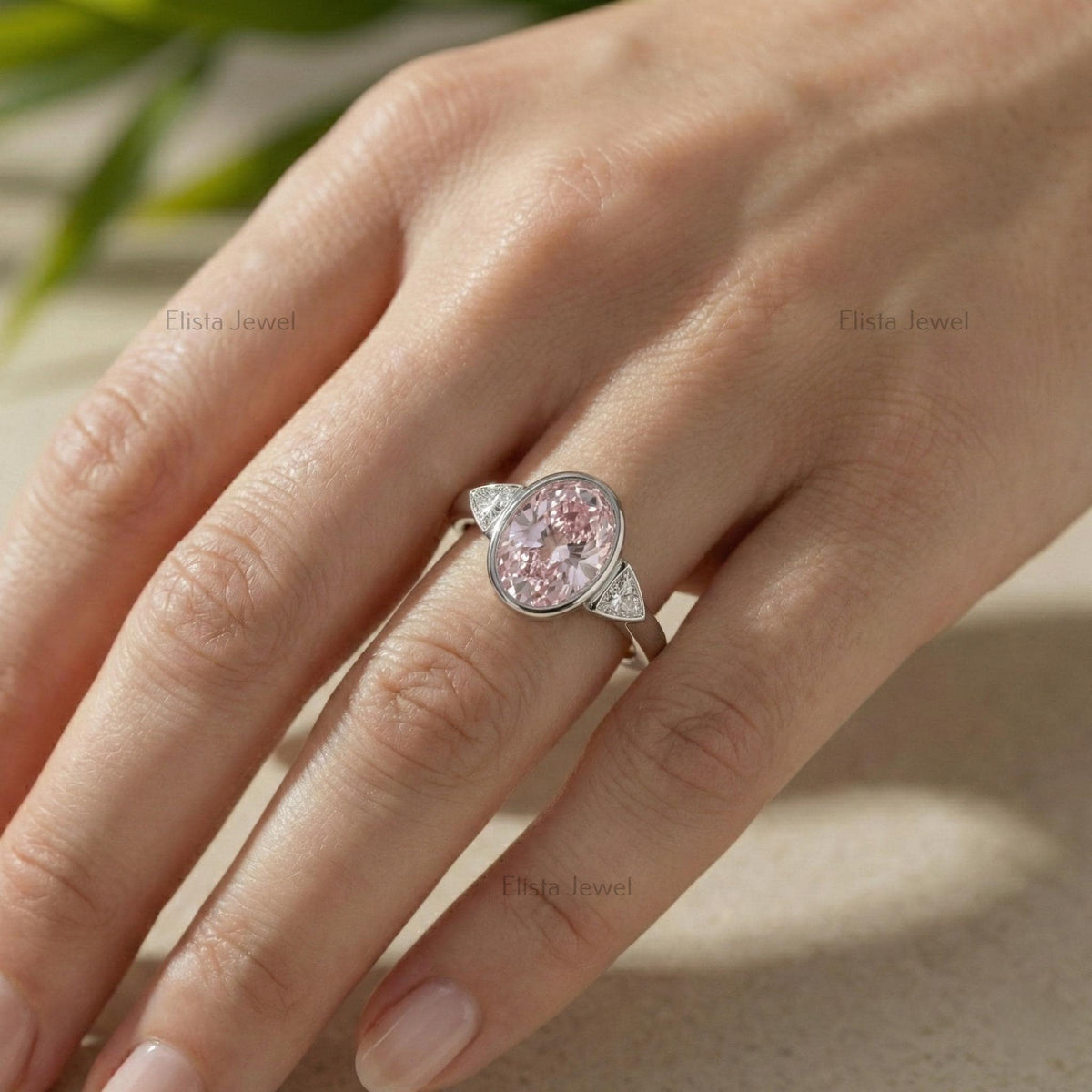 Oval Lab Grown Diamond Pink Three Stone Bezel Engagement Ring