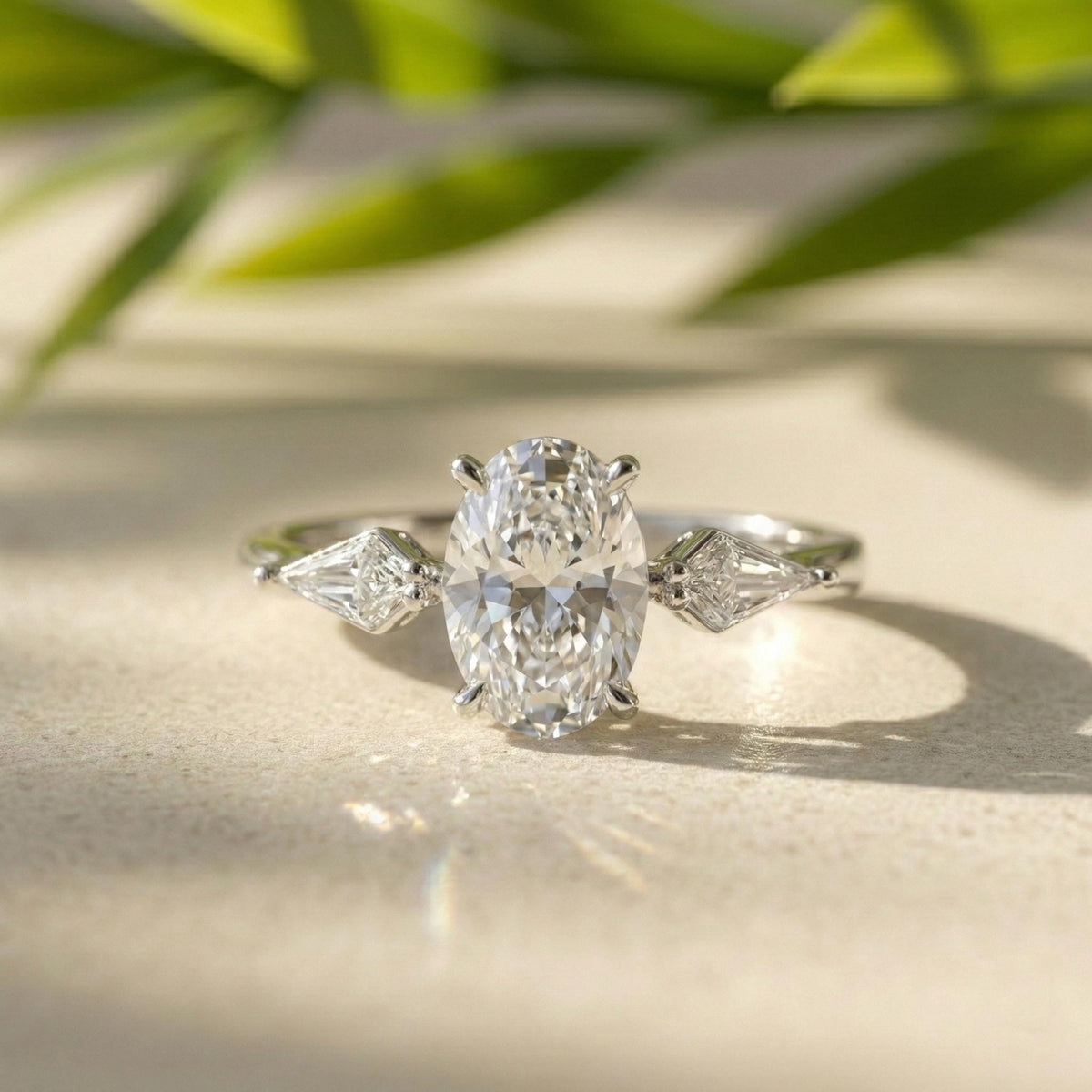 Three Stone Ring, Oval Lab Grown Diamond Baguette Engagement 14K Solid White Gold