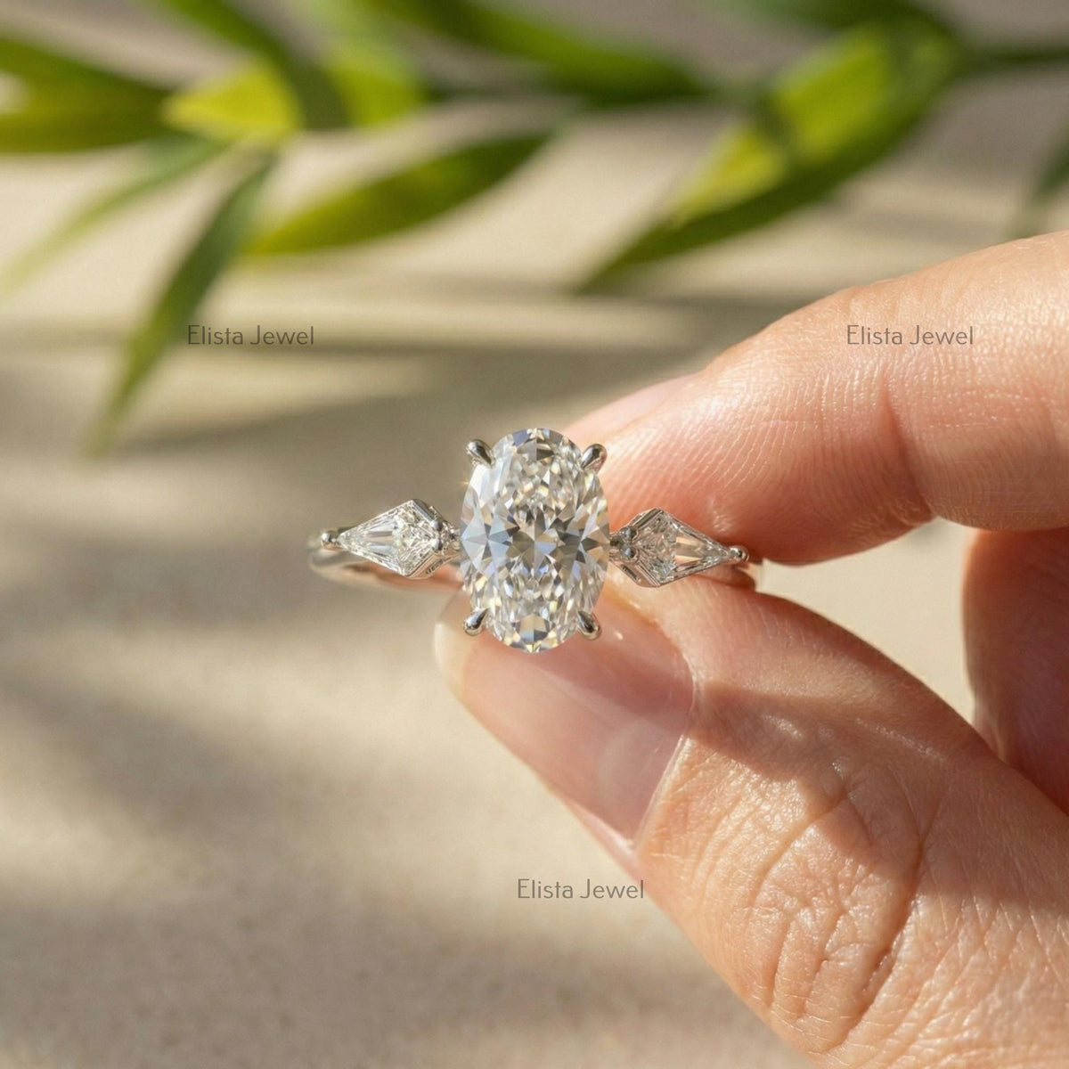 Three Stone Ring, Oval Lab Grown Diamond Baguette Engagement 14K Solid White Gold