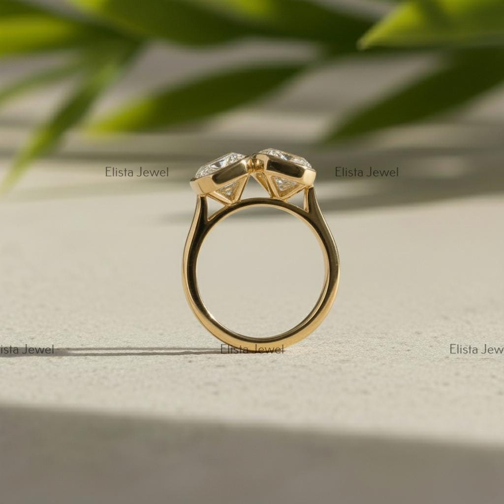 Toi et Moi Ring, Emerald and Pear Cut Diamonds, 18K Yellow Gold Engagement Ring