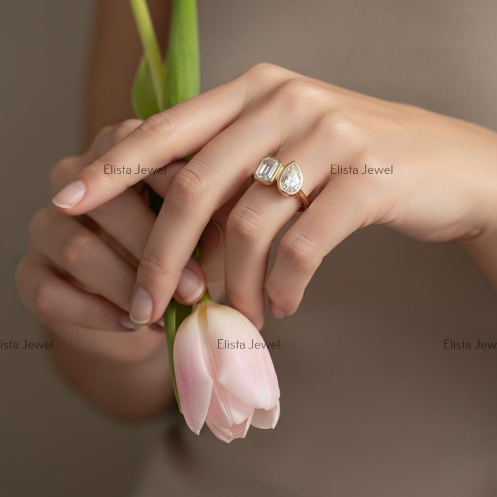 Toi et Moi Ring, Emerald and Pear Cut Diamonds, 18K Yellow Gold Engagement Ring