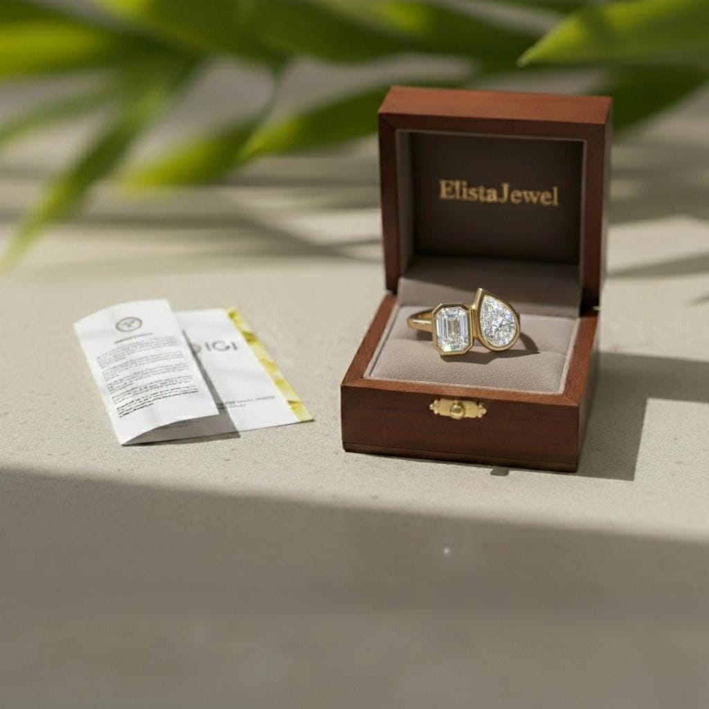 Toi et Moi Ring, Emerald and Pear Cut Diamonds, 18K Yellow Gold Engagement Ring