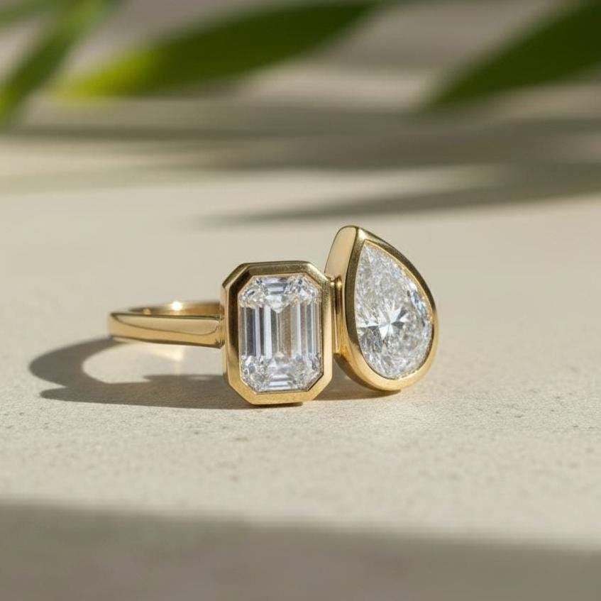Toi et Moi Ring, Emerald and Pear Cut Diamonds, 18K Yellow Gold Engagement Ring