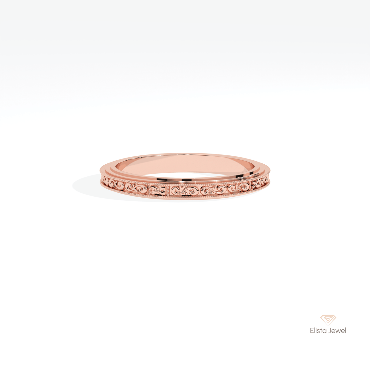 Vintage Art Deco Wedding Lab Grown Diamond Band in 18K Rose Gold - Ring on Hand View