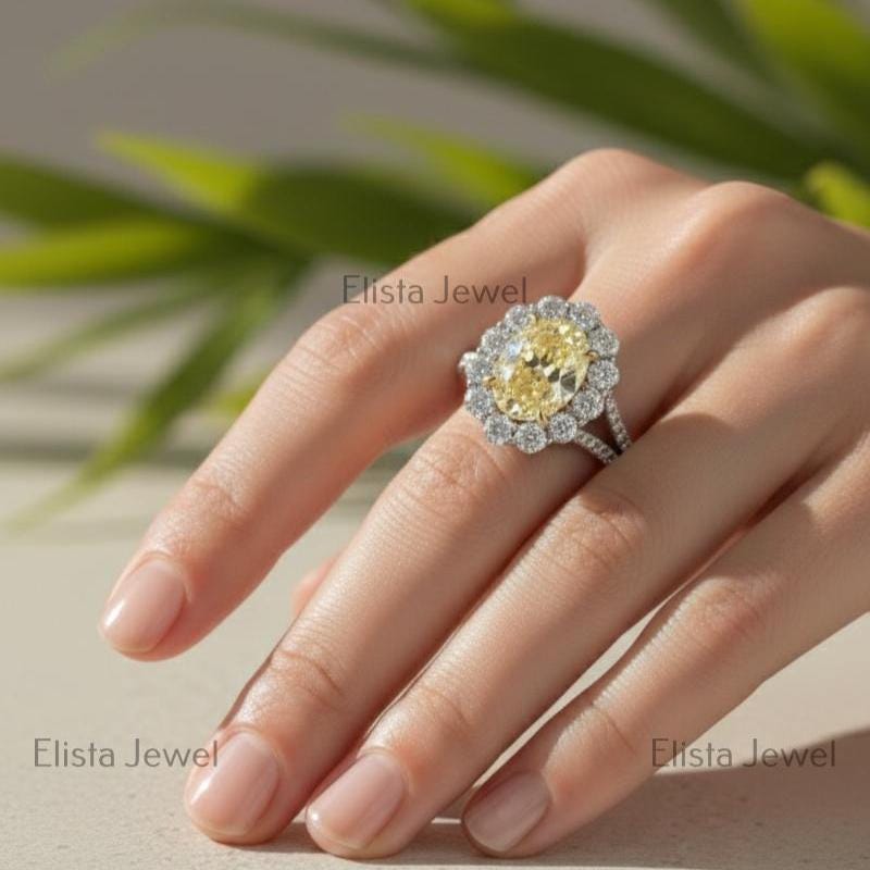 Yellow Diamond Ring Oval Lab-Grown Vivid Halo Engagement 950 Platinum