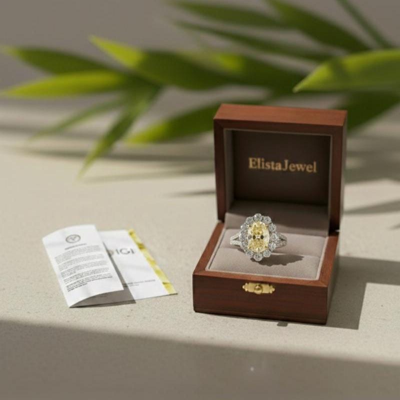 Yellow Diamond Ring Oval Lab-Grown Vivid Halo Engagement 950 Platinum