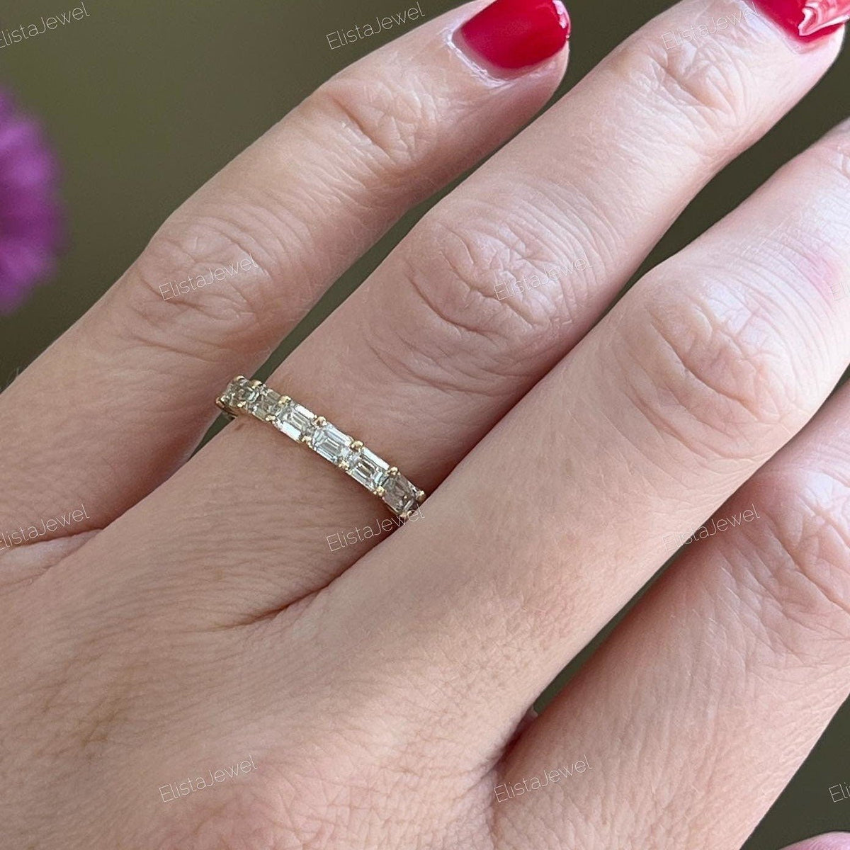 Baguette Cut Full Eternity Wedding Lab Grown Diamond Band - Ring on Hand View