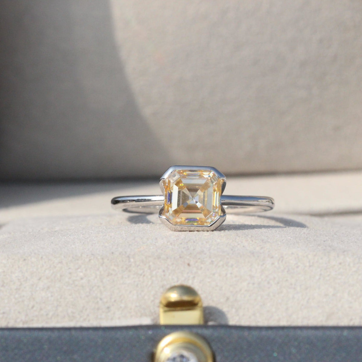 Champagne Asscher Cut Solitaire Half Bezel Lab Grown Diamond Ring - Profile View