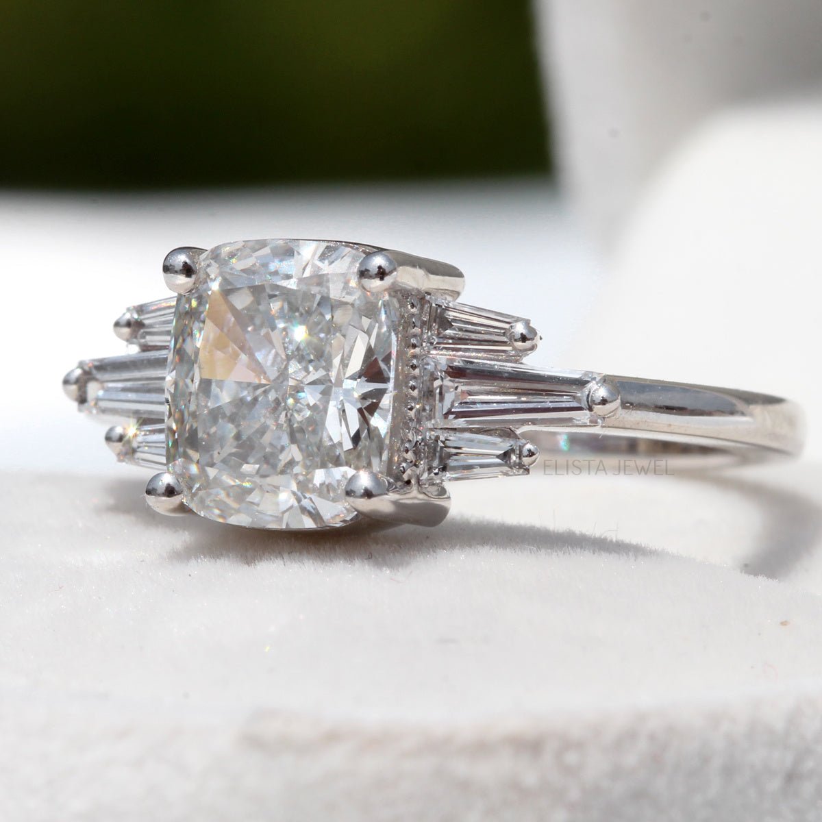 Cushion Cut Accent Engagement Lab Grown Diamond Ring in 10K - Front View