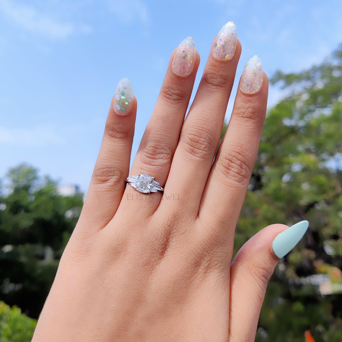 Cushion Cut Accent Engagement Lab Grown Diamond Ring in 14K - Side View