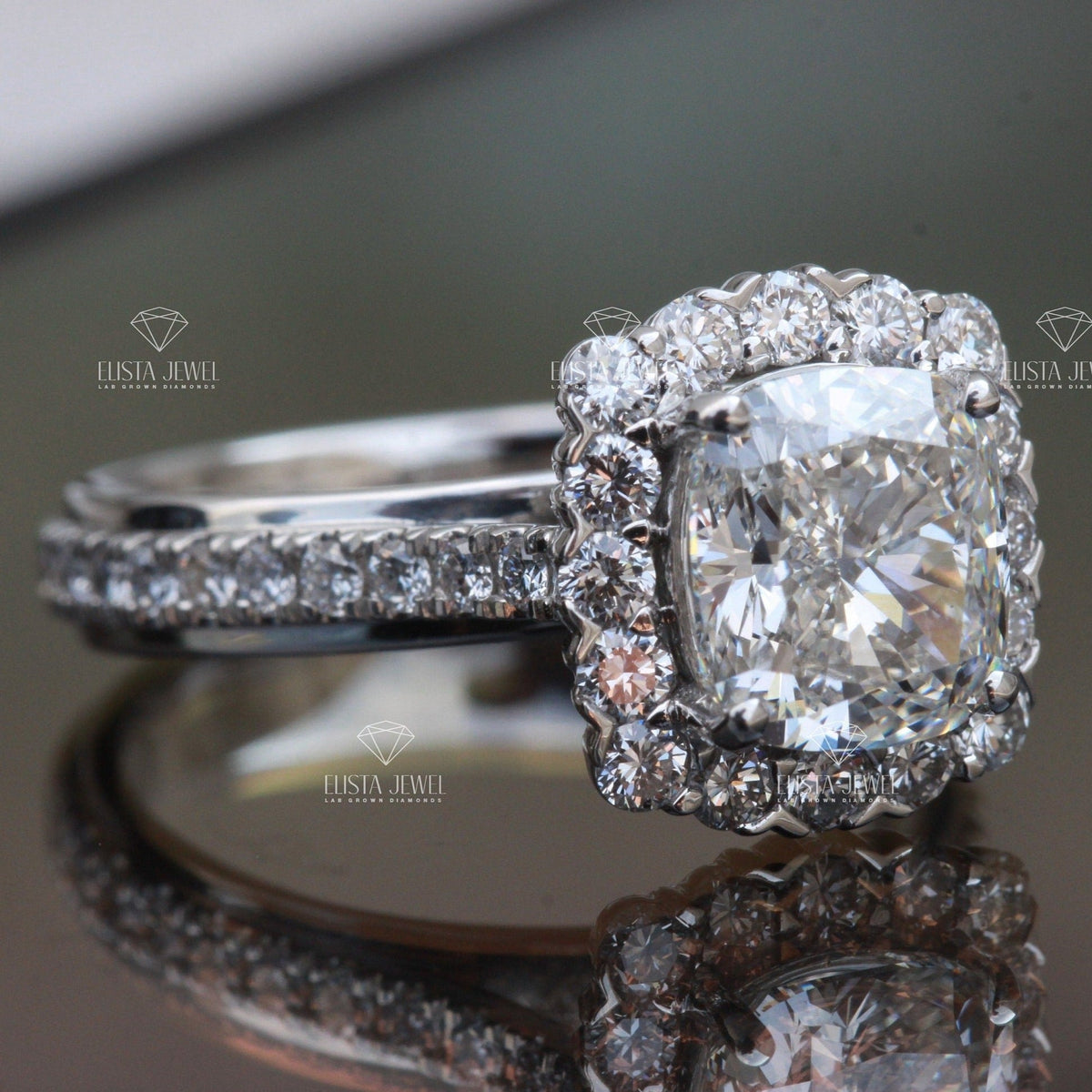 Cushion Cut Halo Engagement Lab Grown Diamond Ring - Ring on Hand View