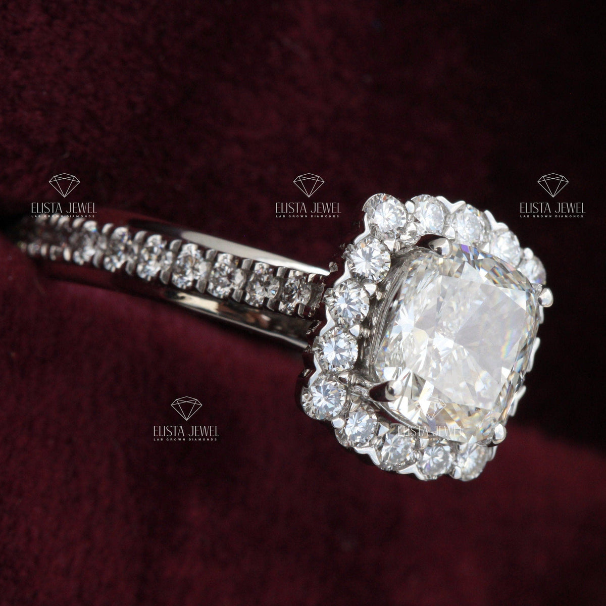Cushion Cut Halo Engagement Lab Grown Diamond Ring in Platinum - Top View