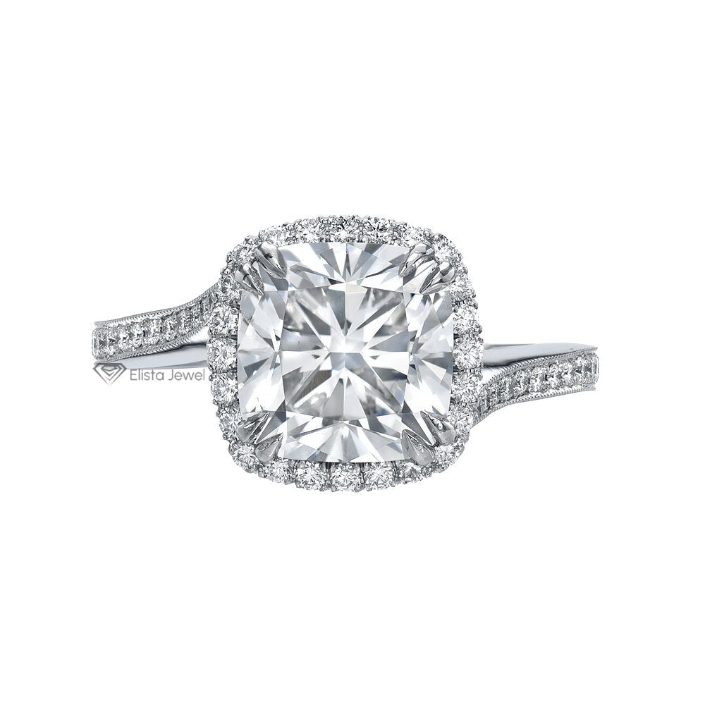 Cushion Cut Halo Engagement Lab Grown Diamond Ring in 10K - Front View