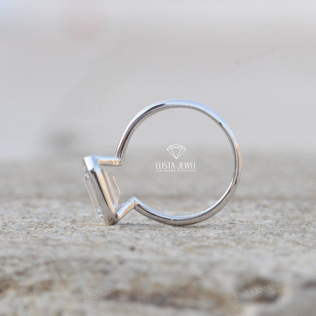 East West Emerald Cut Bezel Solitaire Lab Grown Diamond Ring - Profile View