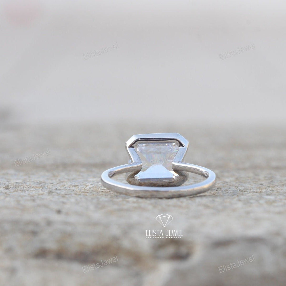 East West Emerald Cut Bezel Solitaire Lab Grown Diamond Ring - Detail View