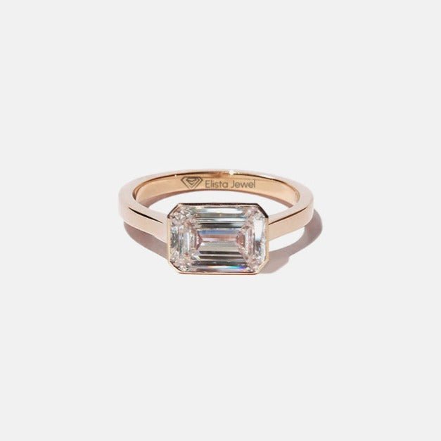 East West Emerald Solitaire Full Bezel Lab Grown Diamond Ring in 10K - Front View