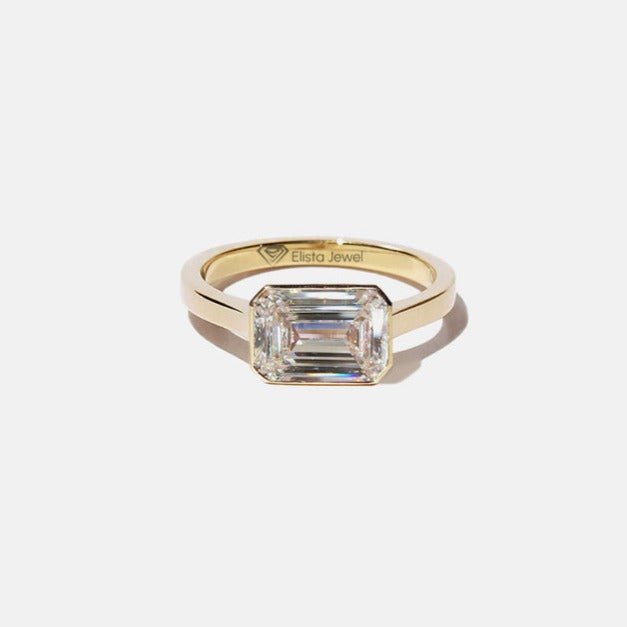 East West Emerald Solitaire Full Bezel Lab Grown Diamond Ring in 14K - Side View