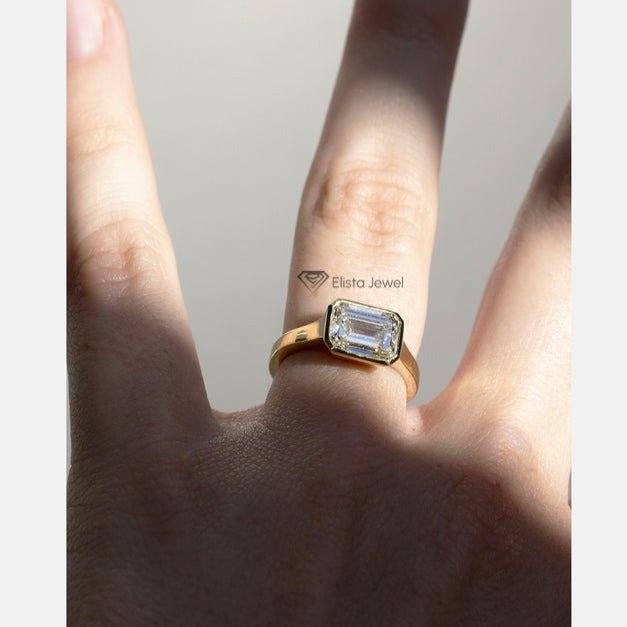 East West Emerald Solitaire Full Bezel Lab Grown Diamond Ring - Close-up View