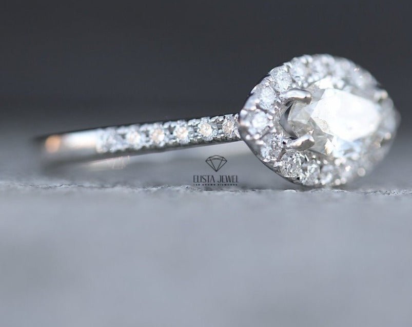 East West Marquise Cut Halo Engagement Lab Grown Diamond Ring in 18K - Angled View