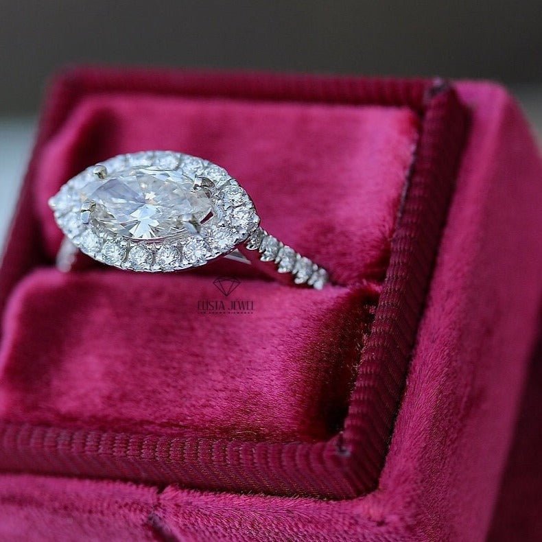 East West Marquise Cut Halo Engagement Lab Grown Diamond Ring in 14K - Side View