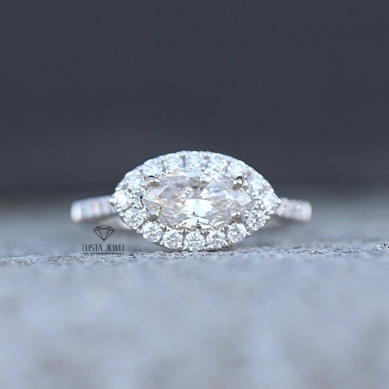 East West Marquise Cut Halo Engagement Lab Grown Diamond Ring in 10K - Front View