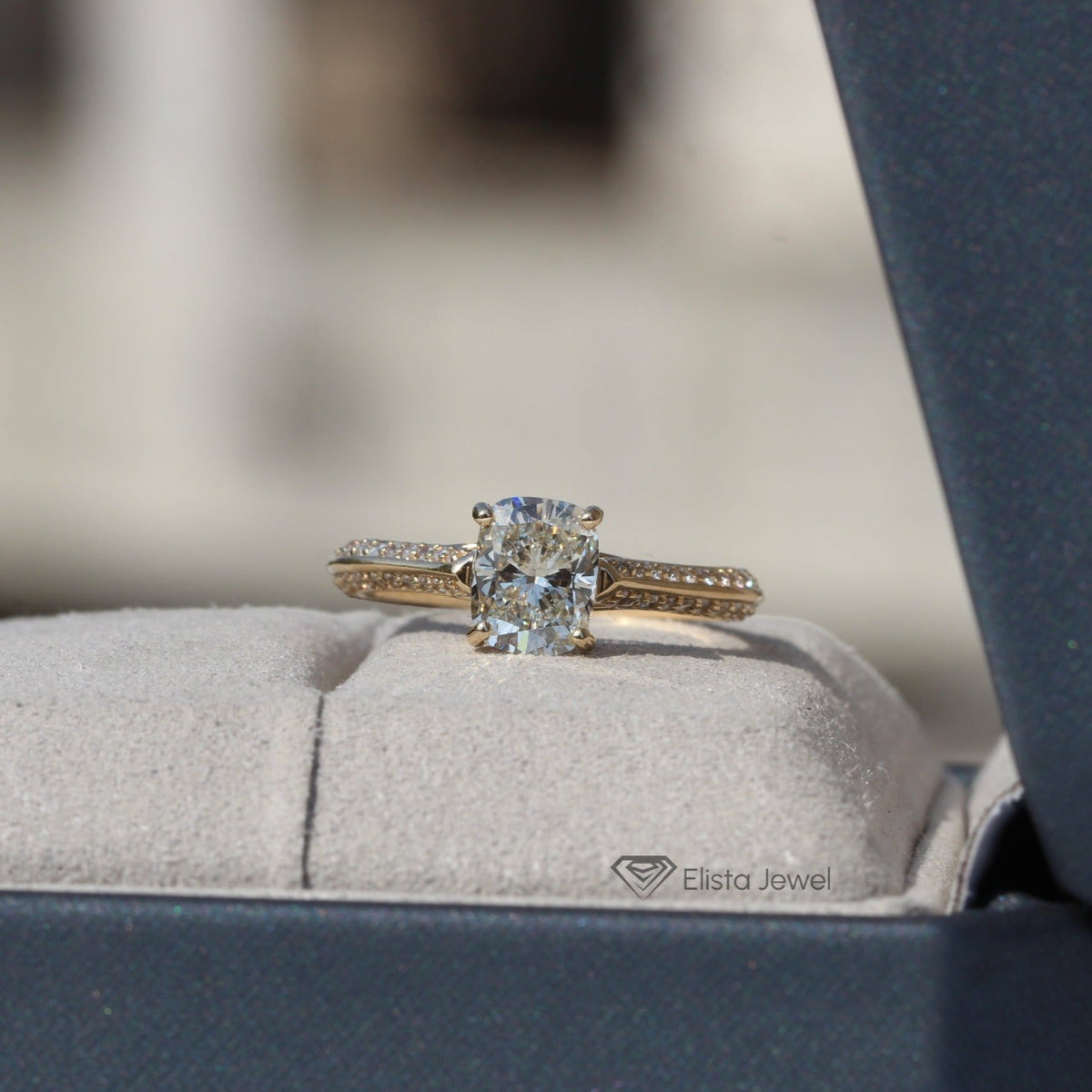 Elongated Cushion Cut Accent Engagement Lab Grown Diamond Ring in 18K - Angled View