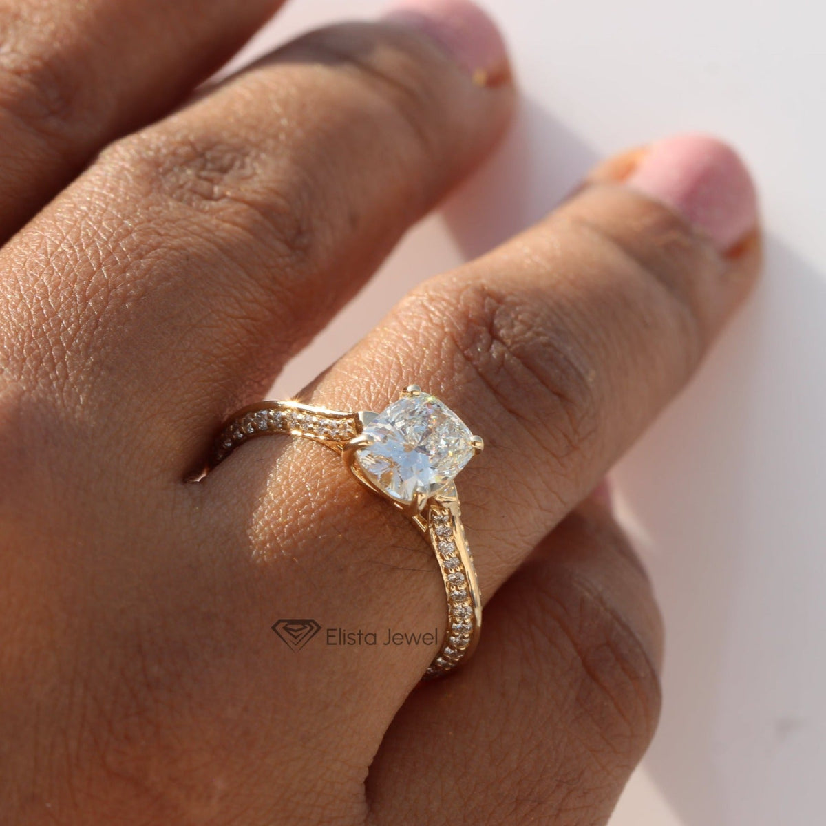 Elongated Cushion Cut Accent Engagement Lab Grown Diamond Ring - Profile View