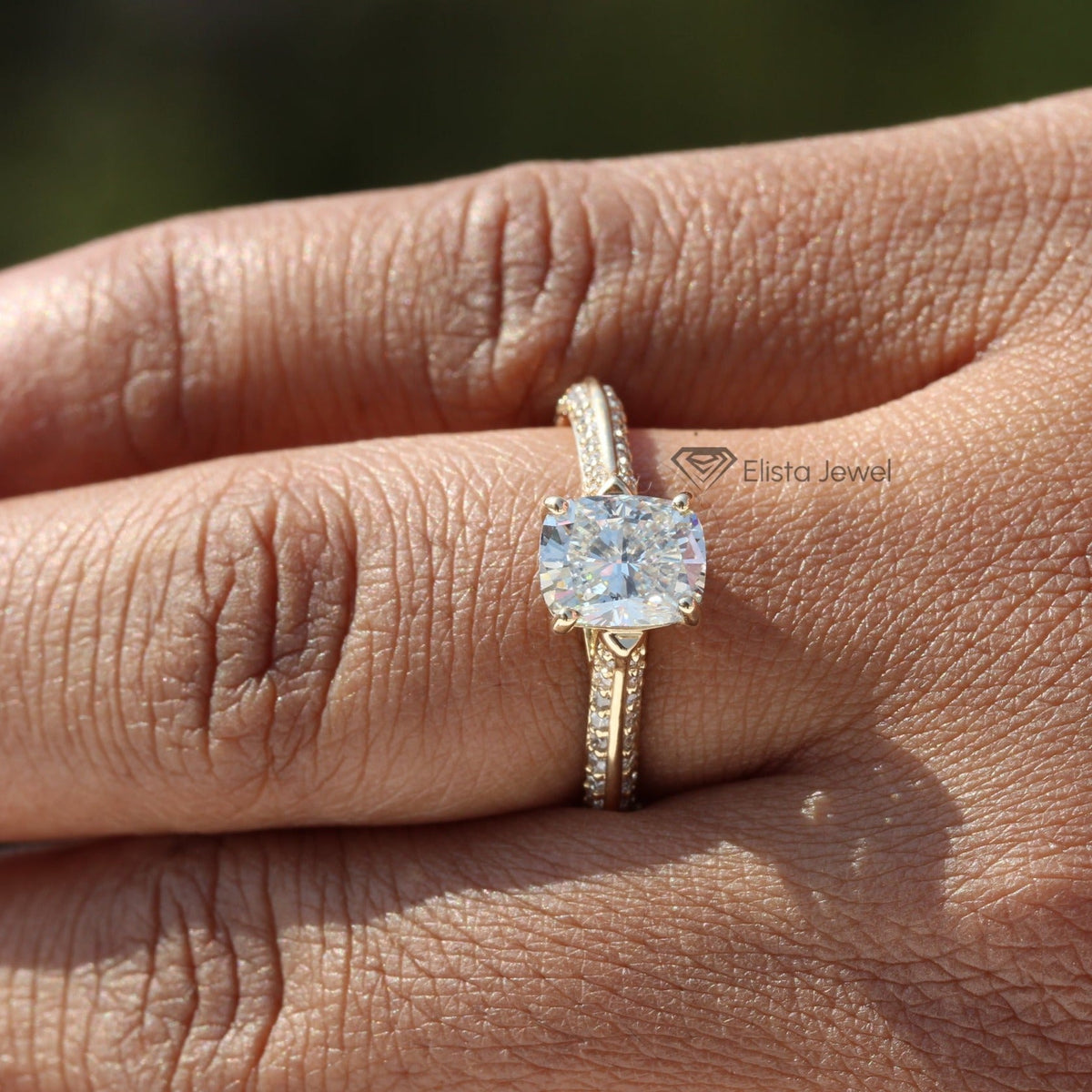 Elongated Cushion Cut Accent Engagement Lab Grown Diamond Ring - Close-up View