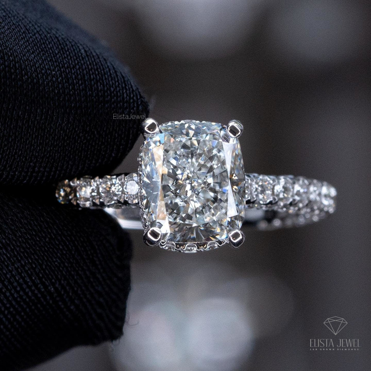 Elongated Cushion Cut Hidden Halo Engagement Lab Grown Diamond Ring in 14K - Side View
