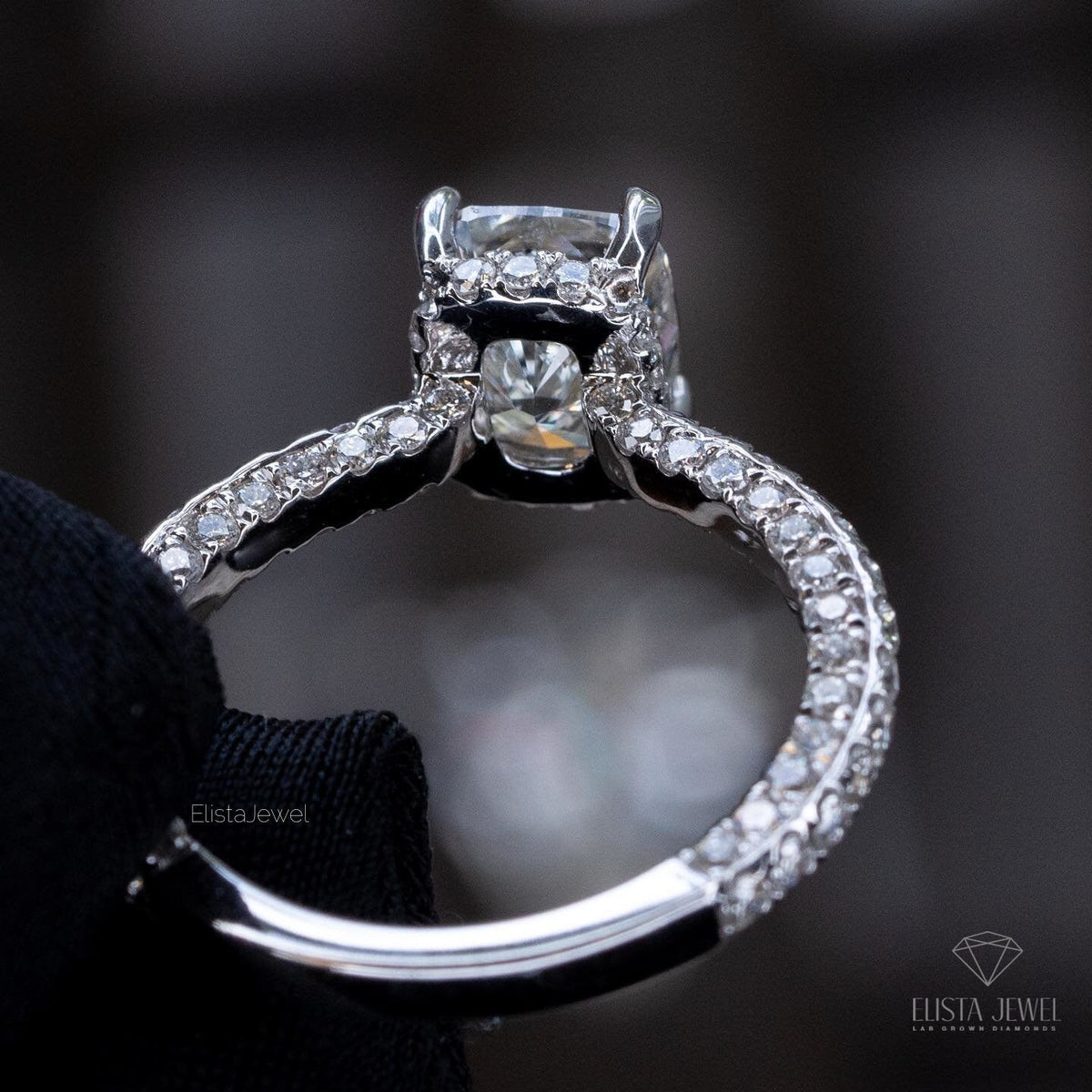 Elongated Cushion Cut Hidden Halo Engagement Lab Grown Diamond Ring - Profile View