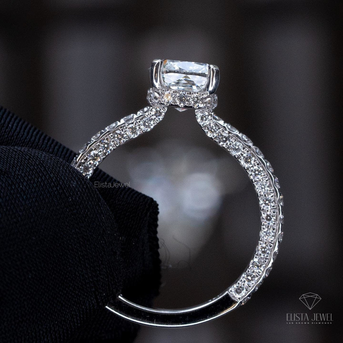 Elongated Cushion Cut Hidden Halo Engagement Lab Grown Diamond Ring in 18K - Angled View