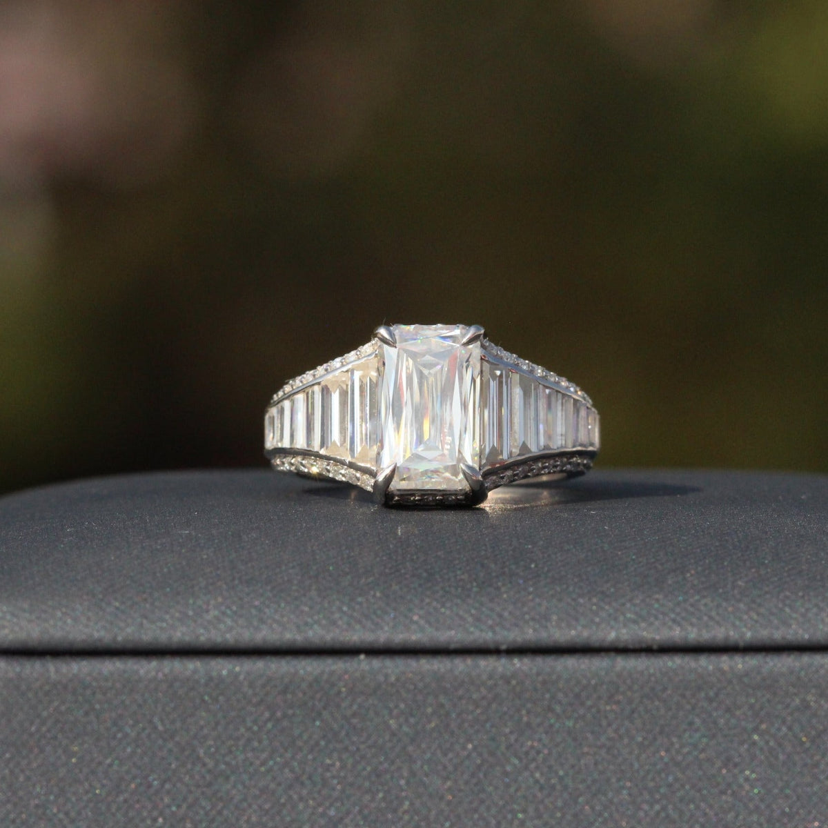 Emerald Cut Accent Art Deco Lab Grown Diamond Ring in 14K Yellow Gold - Profile View