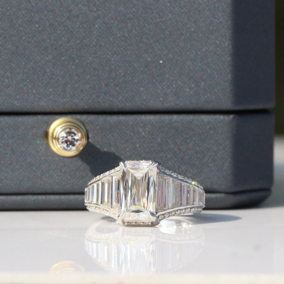 Emerald Cut Accent Art Deco Lab Grown Diamond Ring in 14K Rose Gold - Detail View