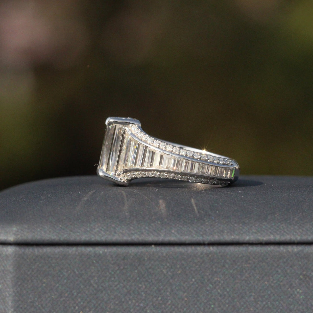 Emerald Cut Accent Art Deco Lab Grown Diamond Ring in 18K White Gold - Close-up View