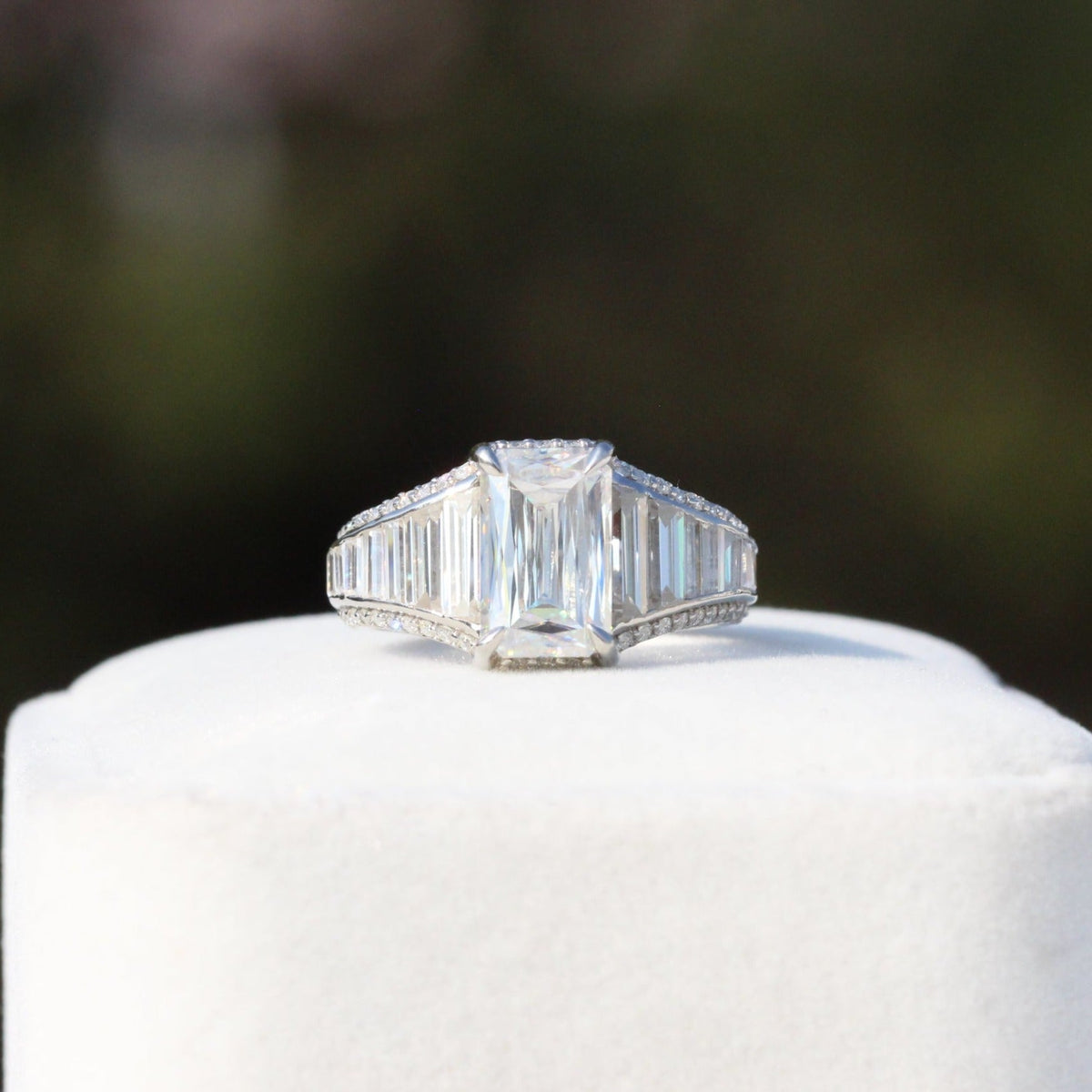 Emerald Cut Accent Art Deco Lab Grown Diamond Ring in 18K Rose Gold - Perspective View