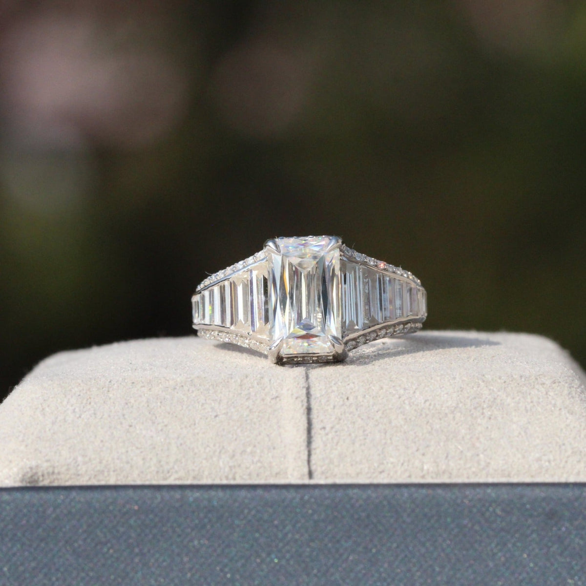 Emerald Cut Accent Art Deco Lab Grown Diamond Ring in 10K White Gold - Front View